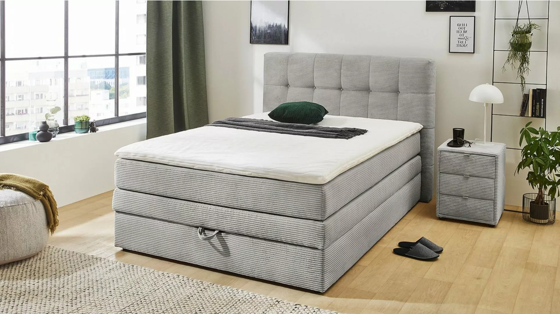 Massivart® Boxspringbett AMY 140 x 200 cm / Cordbezug / hellgrau, Bettkaste günstig online kaufen