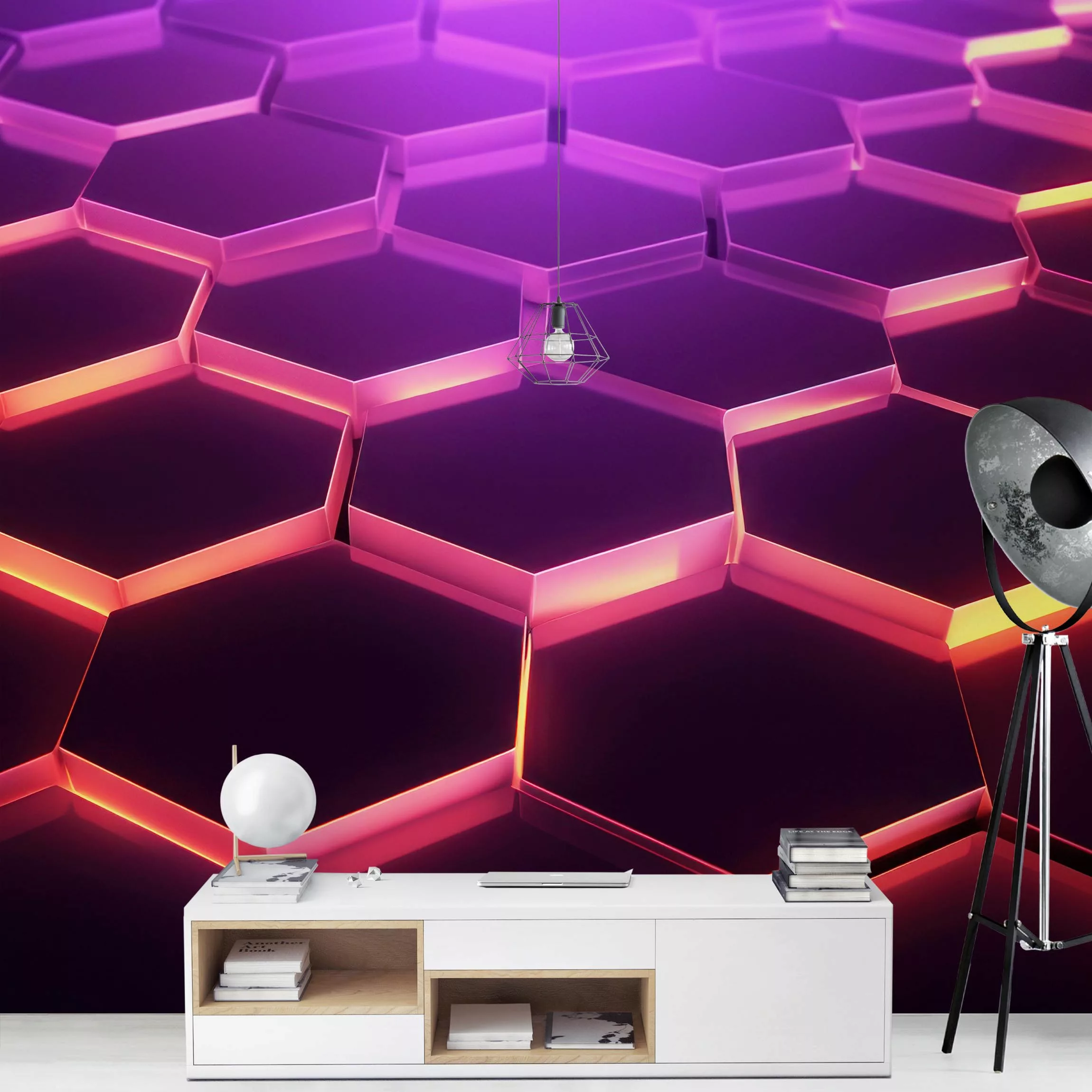 Fototapete Hexagone mit Neonlicht in Rosa und Lila günstig online kaufen