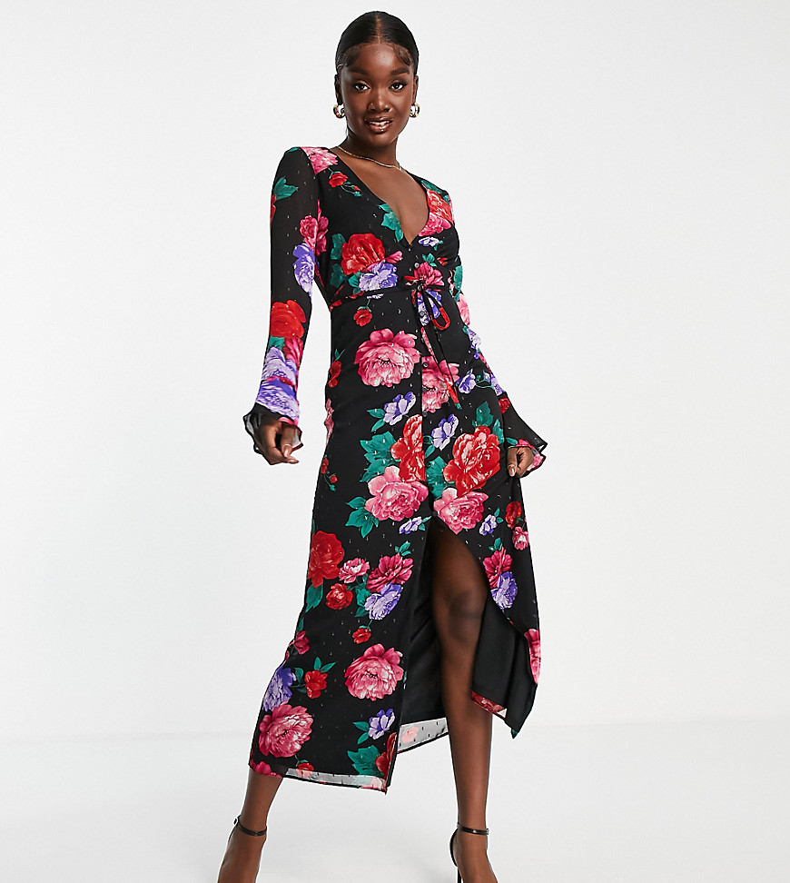 ASOS DESIGN Tall – Maxi-Freizeitkleid mit Rosenmuster, Knopfleiste und Vola günstig online kaufen