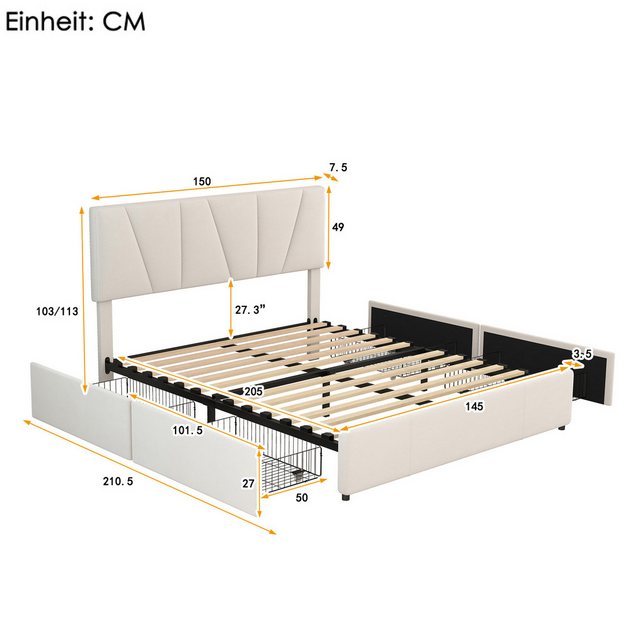 TavilaEcon Polsterbett Doppelbett Jugendbett Plattform Bett mit vier Schubl günstig online kaufen