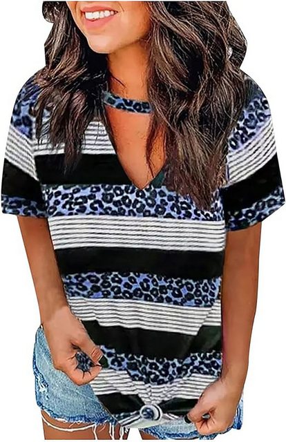 BlauWave Kurzarmshirt V-Neck Patchwork Leopard Strap Printed T-Shirt (1-tlg günstig online kaufen
