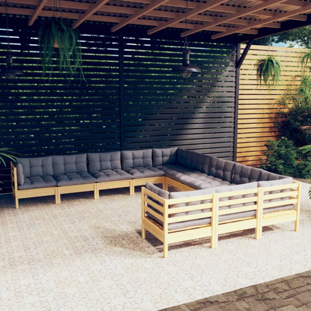 11-tlg. Garten-lounge-set Mit Grauen Kissen Kiefernholz günstig online kaufen