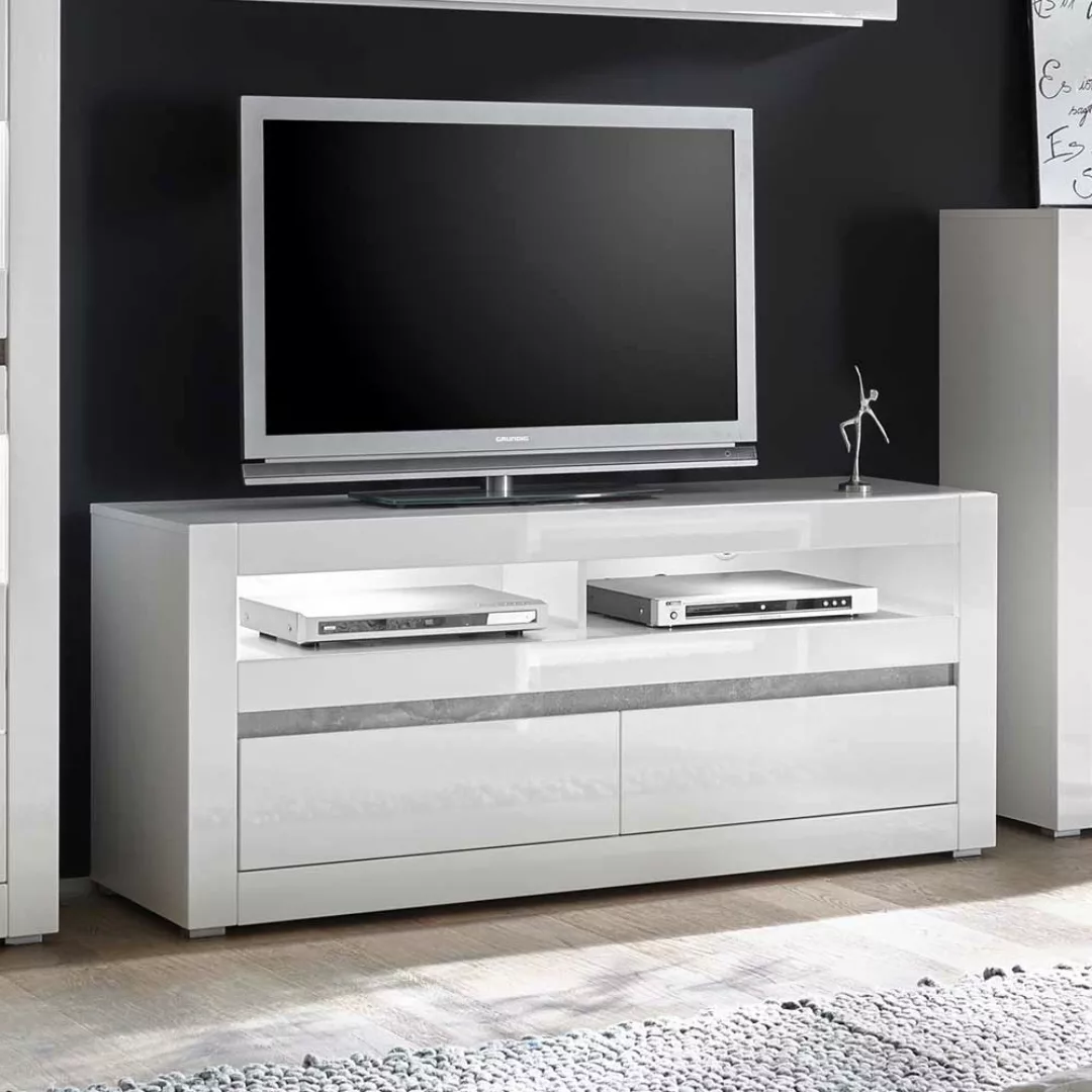 TV Lowboard in Weiß Hochglanz und Beton Grau 150 cm breit günstig online kaufen