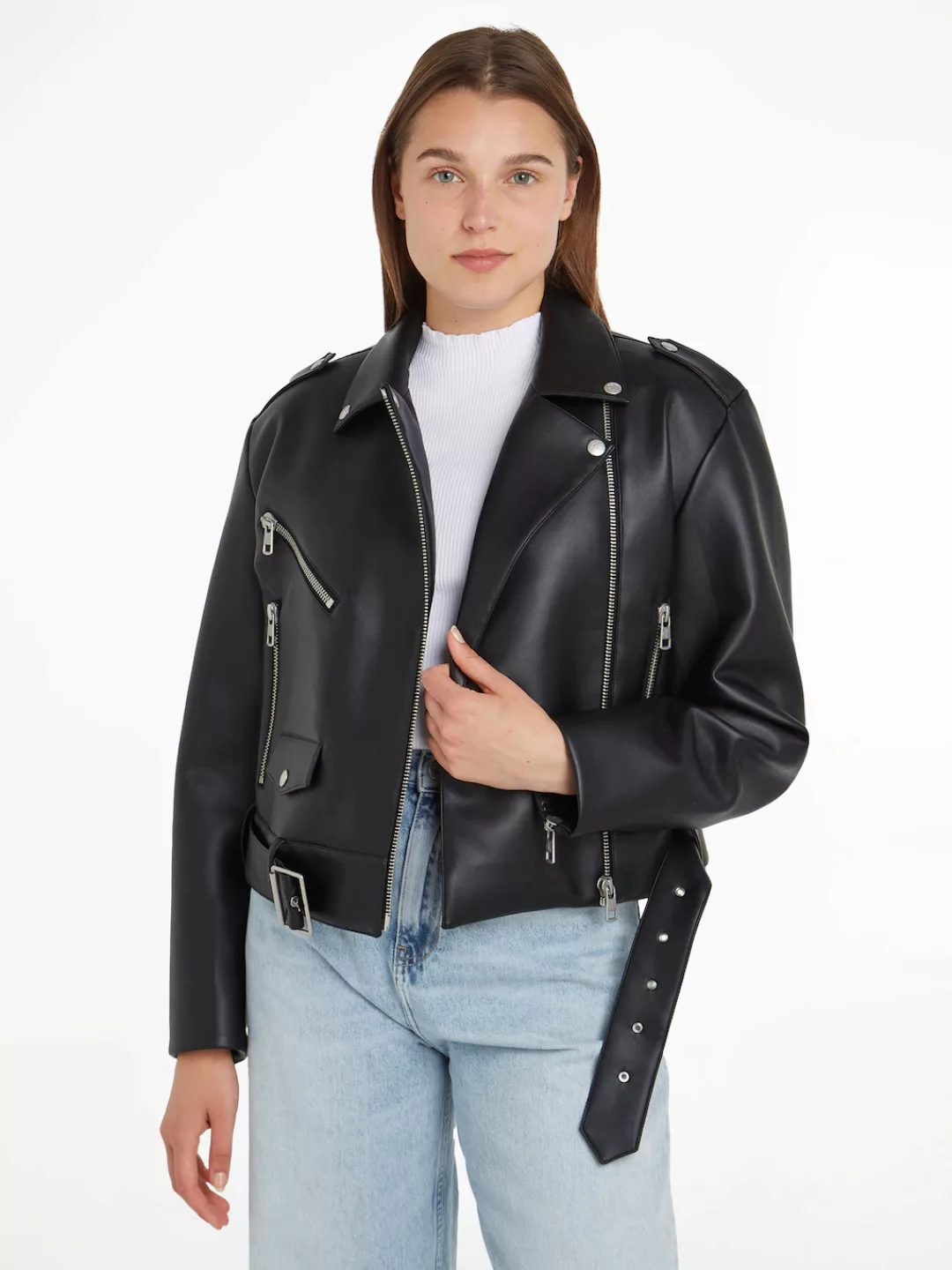 Calvin Klein Jeans Lederjacke CLASSIC FAUX LEATHER BIKER mit Gürtel günstig online kaufen