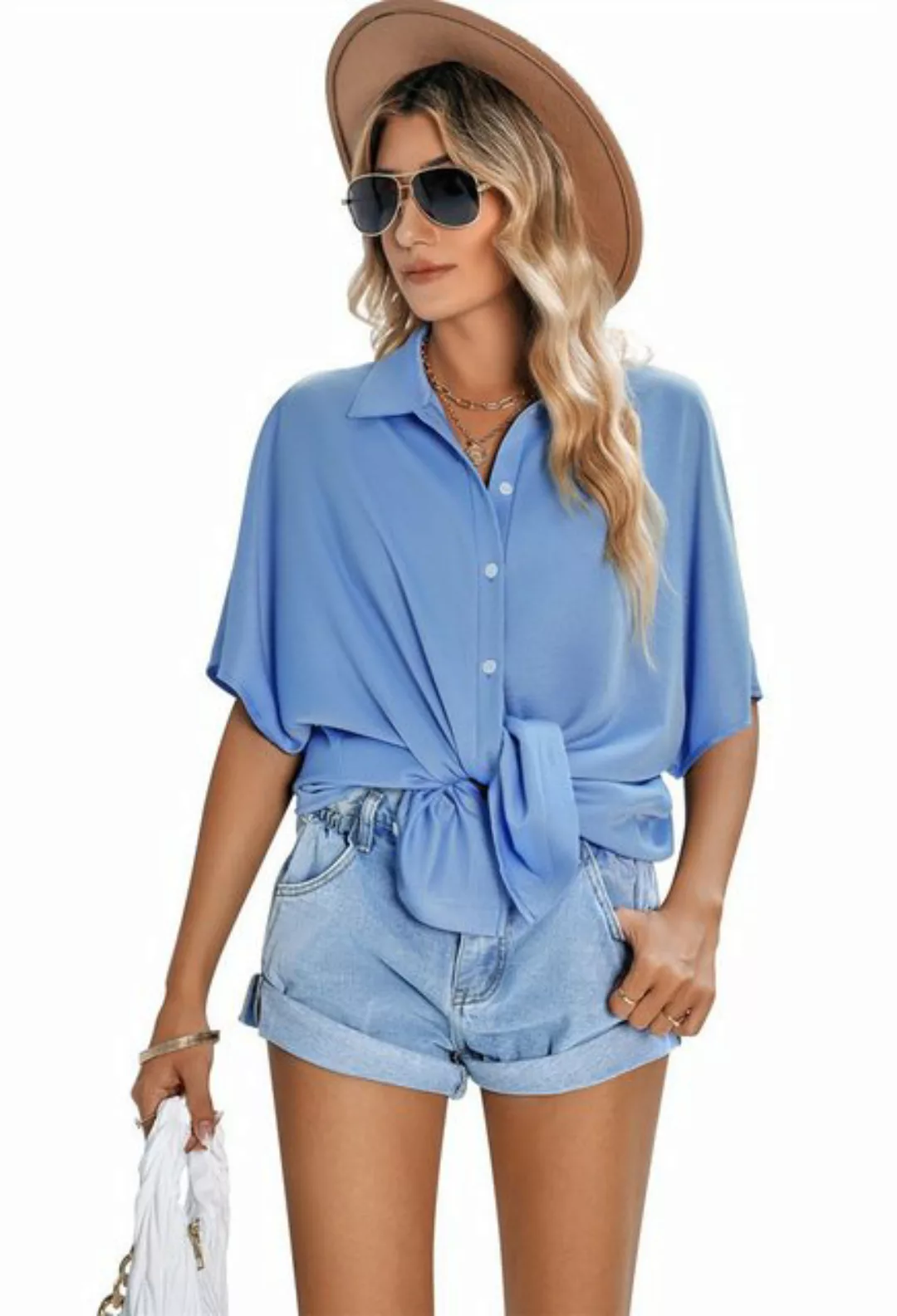 ZWY Langarmbluse Damen-Freizeithemden, einfarbige Button-Down-Kurzarmhemden günstig online kaufen