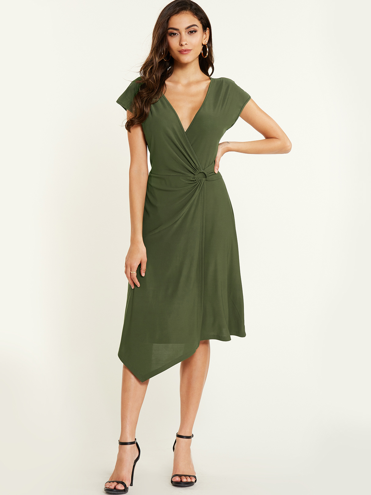 YOINS Army Green Deep V-Ausschnitt Skinny Kleid günstig online kaufen