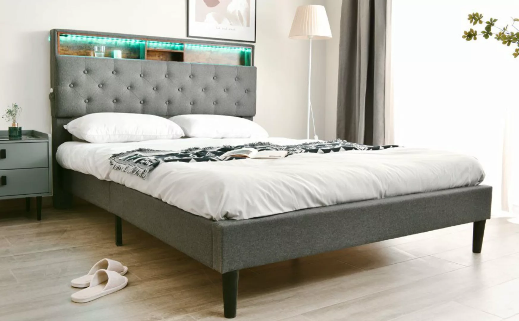MODFU Polsterbett Doppelbett Stauraum-Kopfteil Bett (140x200cm ohne-Matratz günstig online kaufen