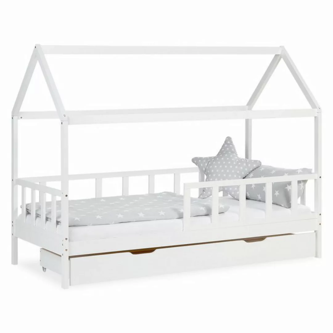 Homestyle4u Kinderbett 90x200 Hausbett Weiß Holz Rausfallschutz erhöht Klei günstig online kaufen