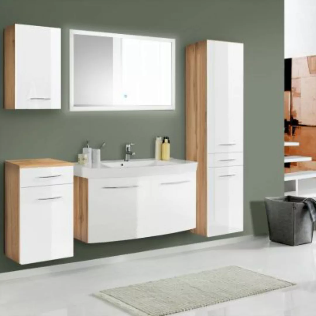 Lomadox Badmöbel Set mit 100cm Waschtisch & LED-Spiegel FLORIDO-03-OAK weiß günstig online kaufen