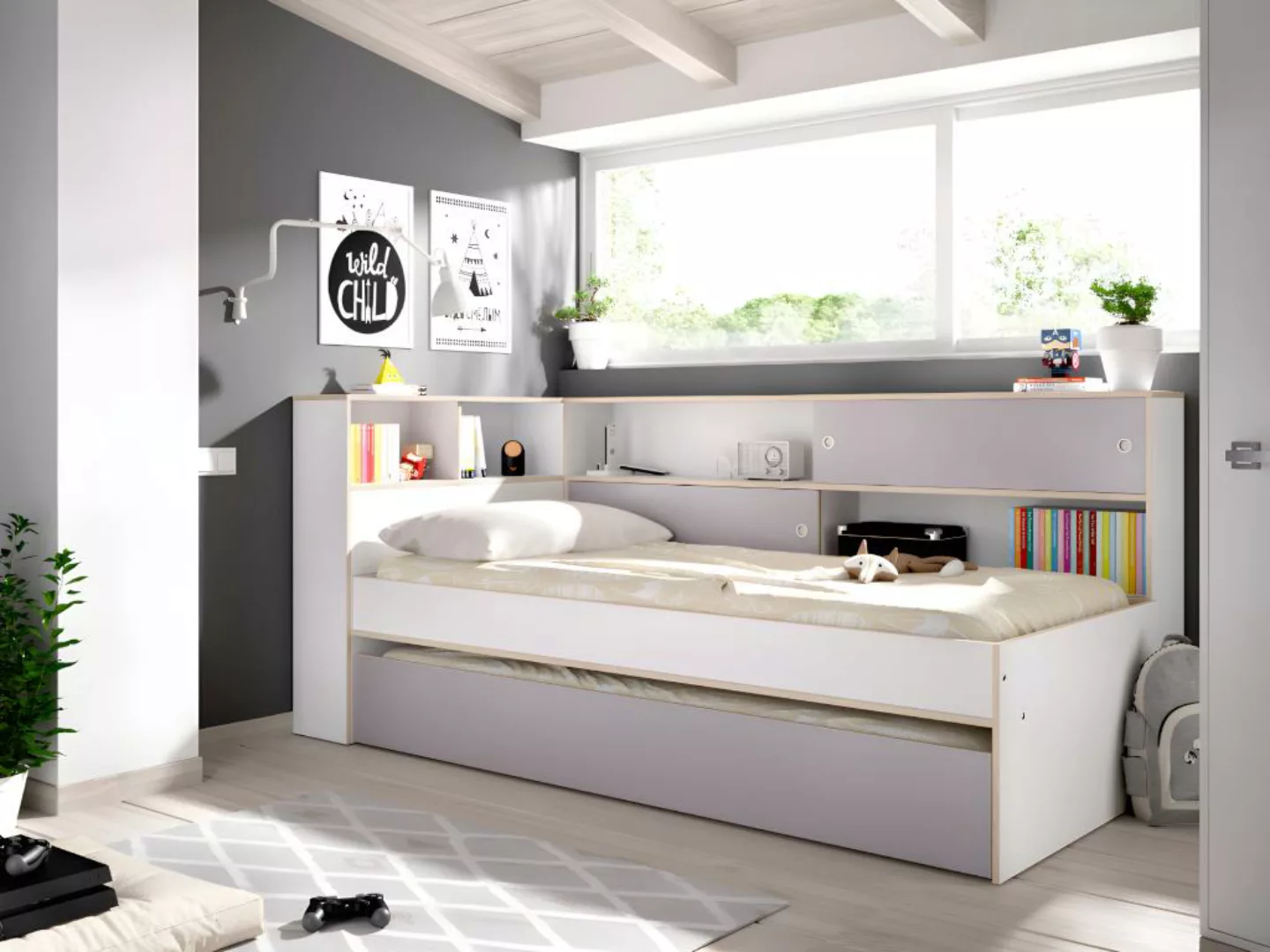 Ausziehbett mit Stauraum - 90 x 190 cm & 90 x 200 cm - Weiß & Grau - LOSIAN günstig online kaufen