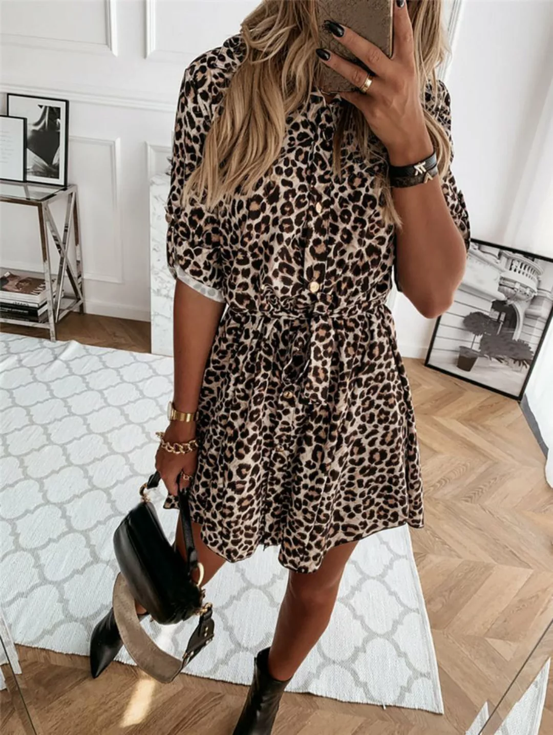 BlauWave Druckkleid Damen Leopard Print Shirt Kleid Hemdkleid Halb Ärmliges günstig online kaufen