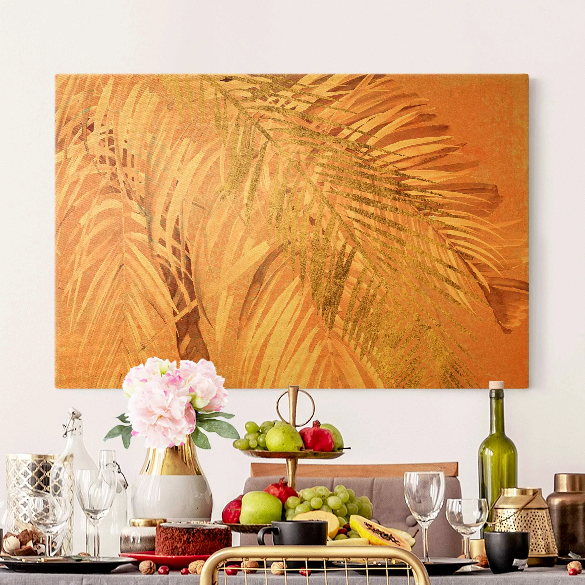 Leinwandbild Palmenblätter Rosa und Gold II günstig online kaufen