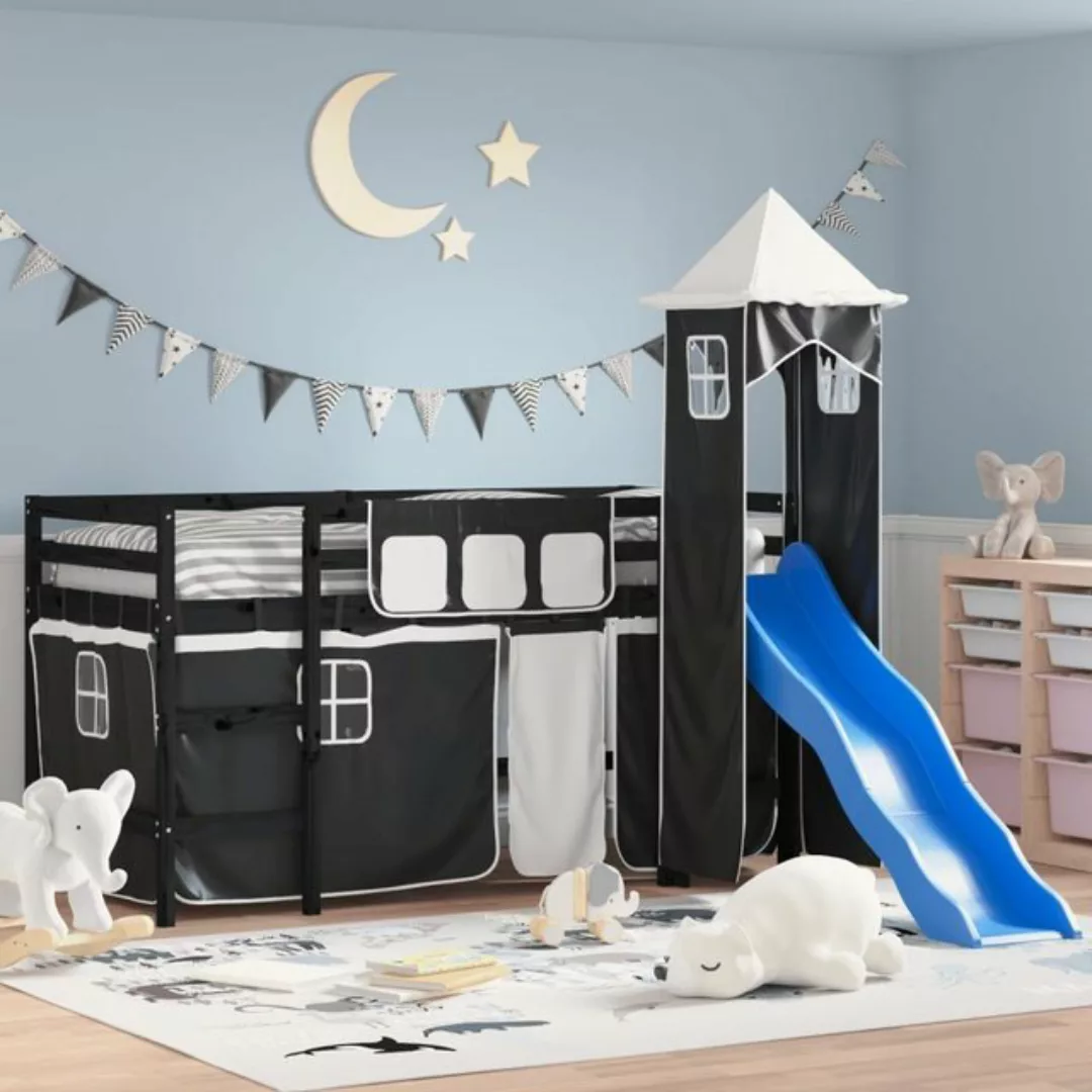 vidaXL Kinderbett Kinderhochbett mit Turm Weiß Schwarz 90x200 cm Kiefernhol günstig online kaufen