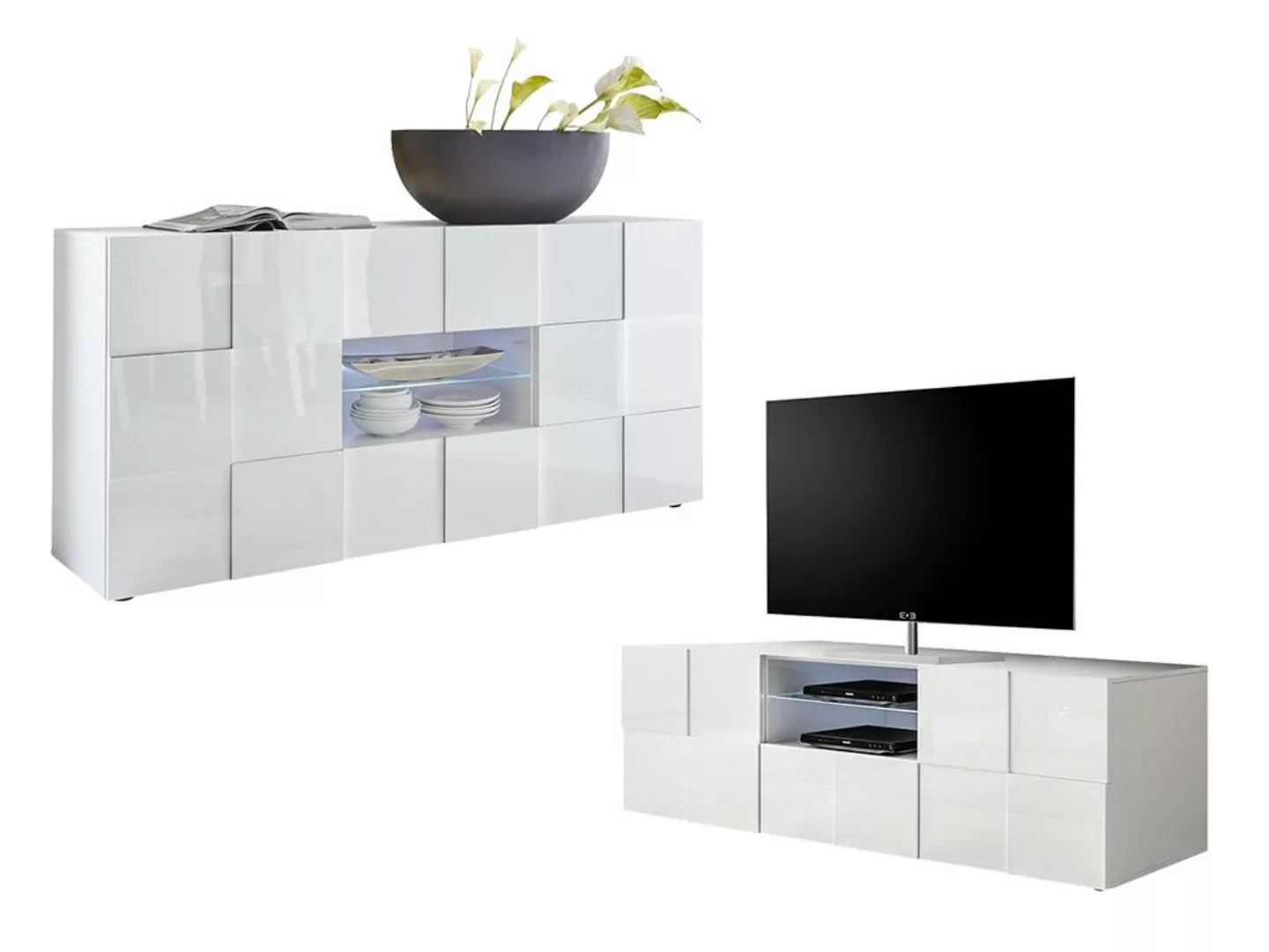 Sparset: TV-Möbel + Sideboard - Weiß lackiert - CALISTO günstig online kaufen