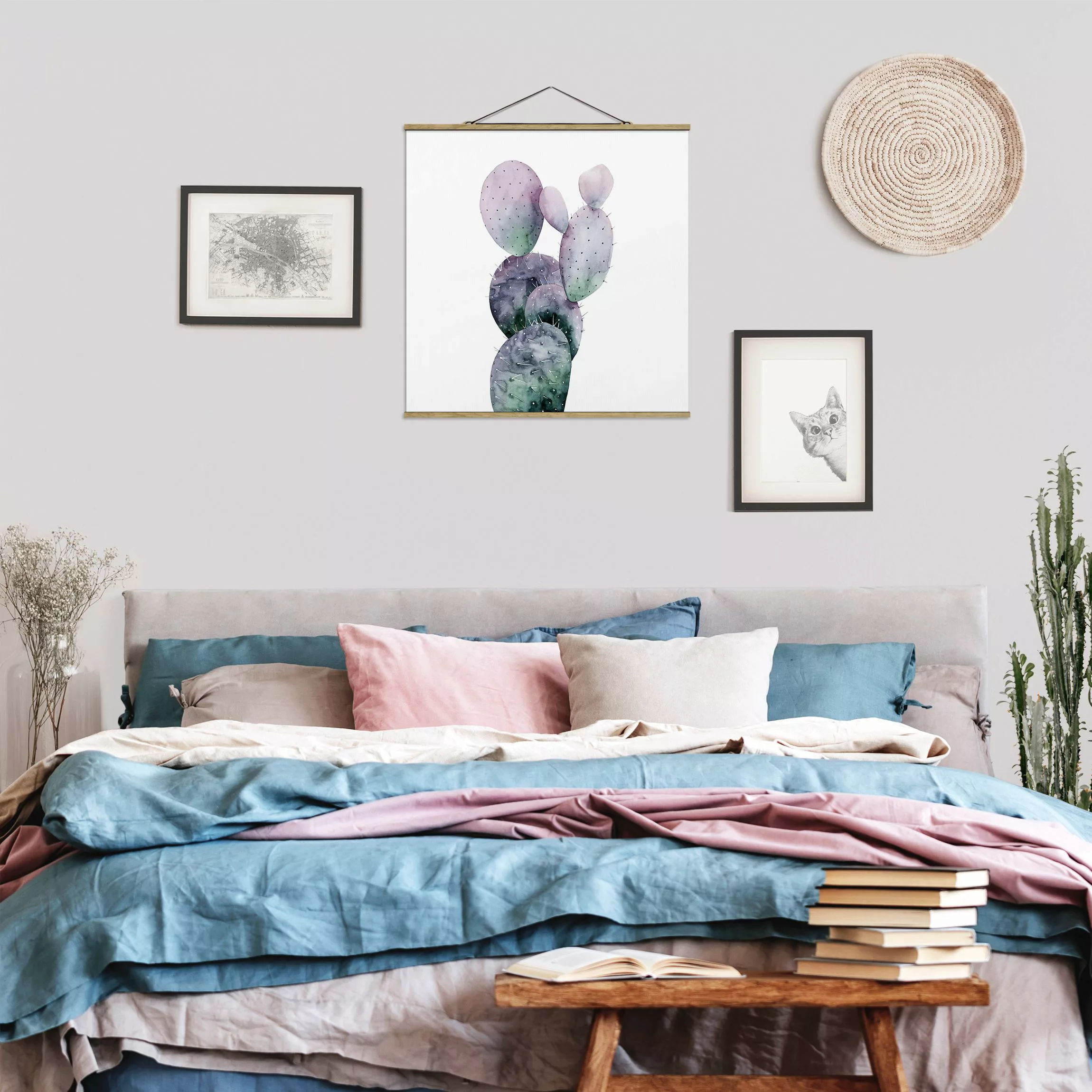Stoffbild Blumen mit Posterleisten - Quadrat Kaktus in Lila I günstig online kaufen