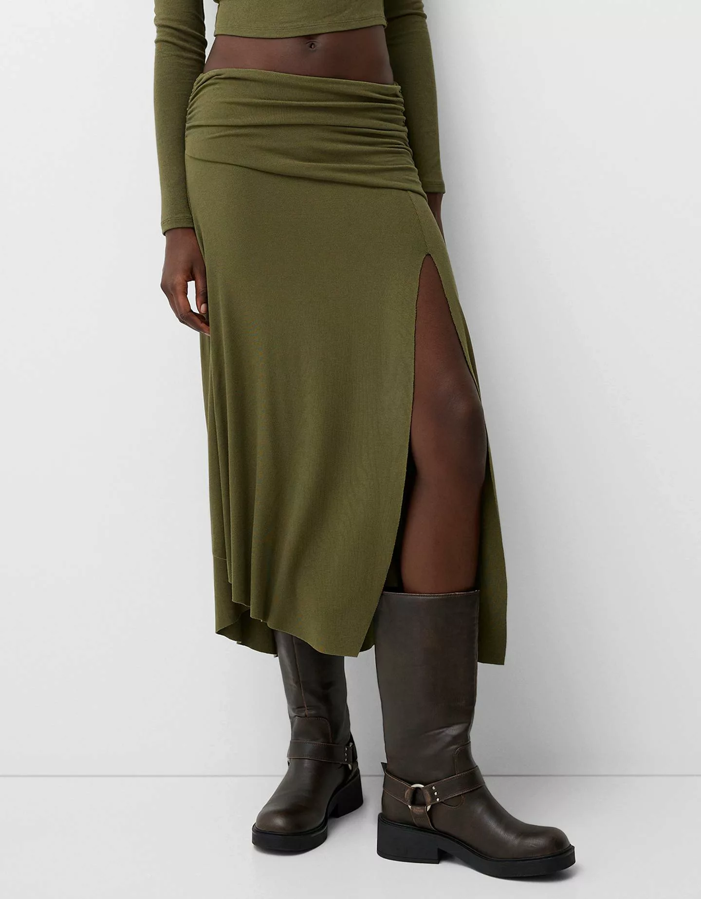 Bershka Midirock Aus Trikotstoff Damen S Khaki günstig online kaufen