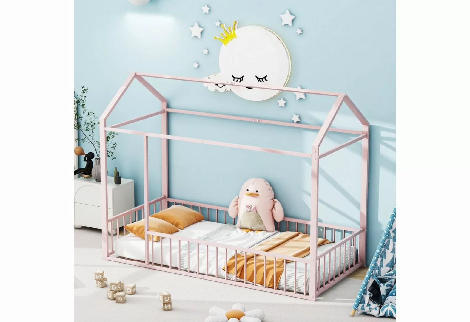 Celya Metallbett Kinderbett Hausbettrahmen mit Zaun für Kinder, Teenager, M günstig online kaufen