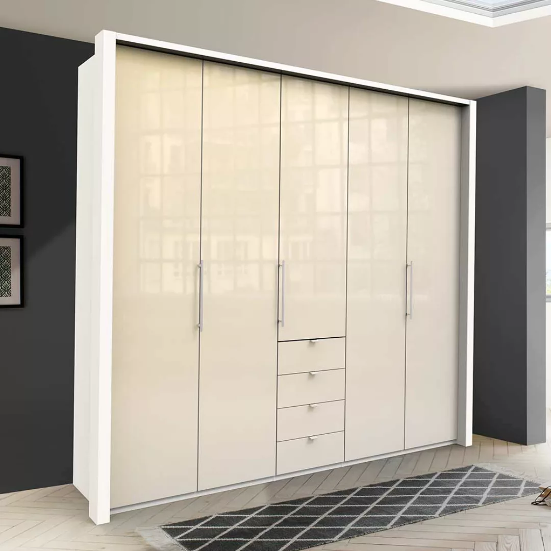 Design Schlafzimmerschrank in Creme Weiß Glas beschichtet Falttüren günstig online kaufen