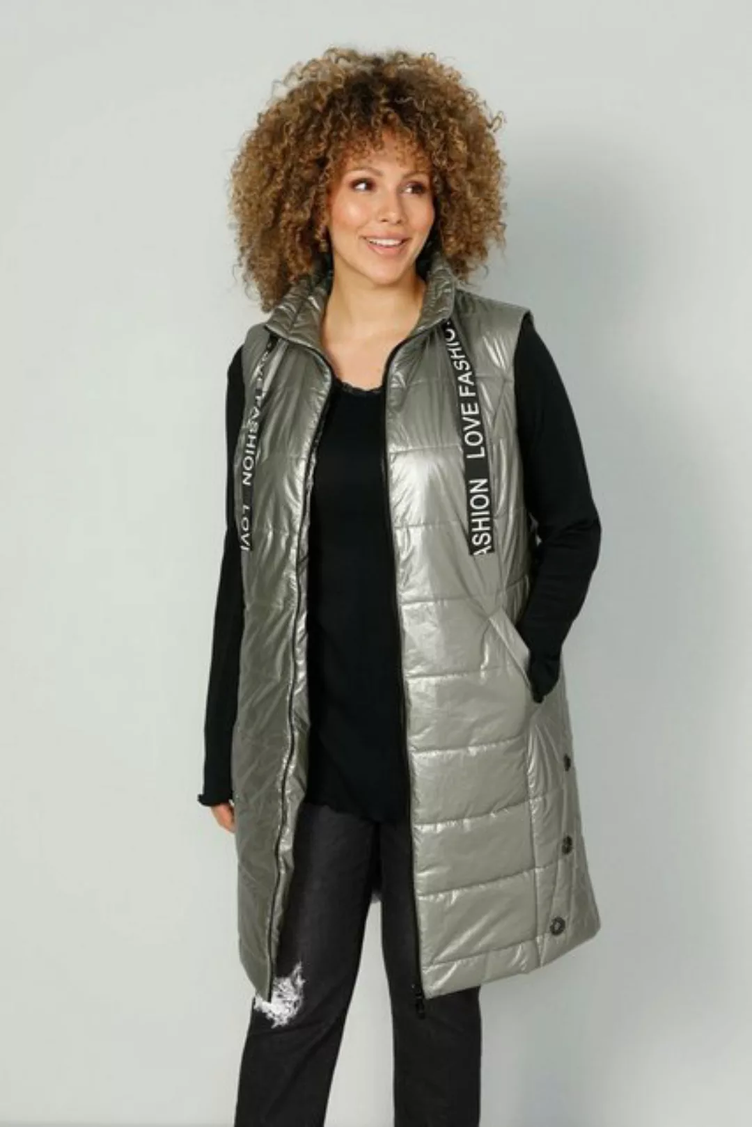 MIAMODA Steppweste Long-Steppweste Metallic-Look Zierband Zipper günstig online kaufen