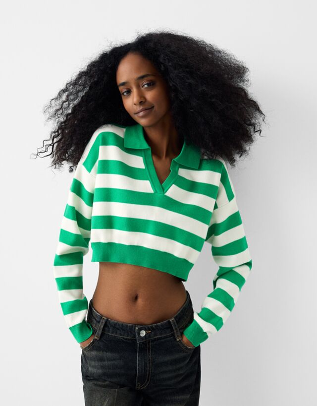 Bershka Gestreifter Pullover Mit Polo-Kragen Damen M Grün günstig online kaufen