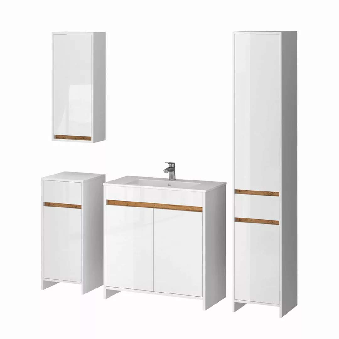 Vicco Badmöbel-Set Lemgo, Weiß Hochglanz/Goldkraft Eiche, günstig online kaufen