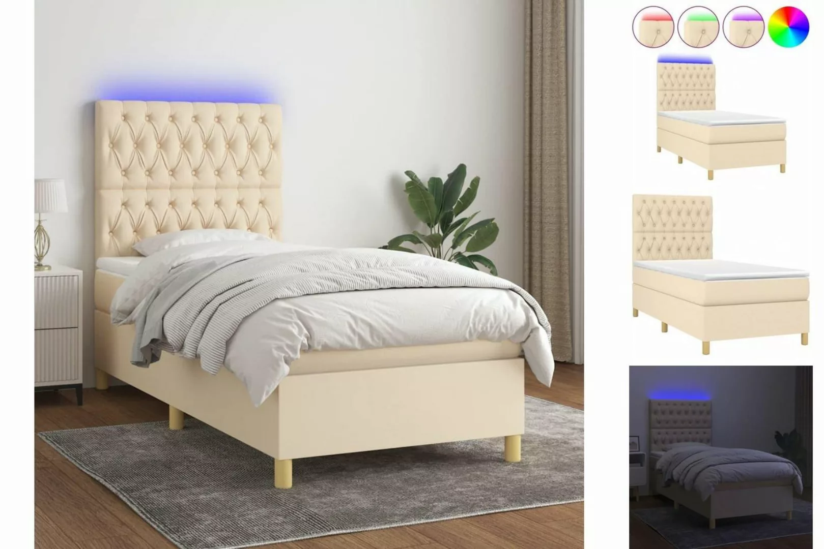 vidaXL Boxspringbett (100 x 200 cm, Knopfheftung Schräg, Creme), mit LED günstig online kaufen