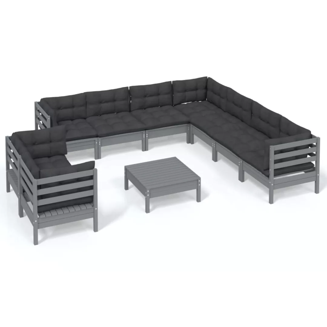 10-tlg. Garten-lounge-set Mit Kissen Grau Massivholz Kiefer günstig online kaufen