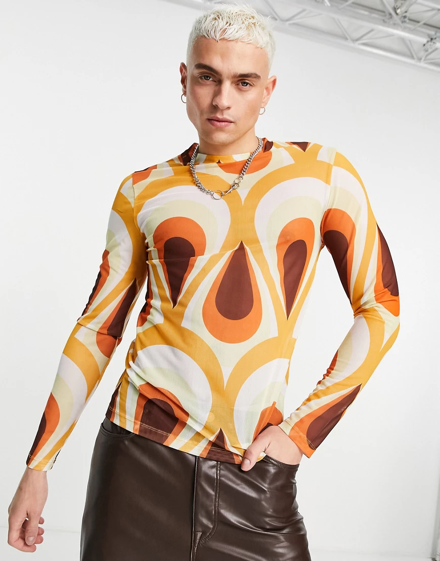 ASOS DESIGN – Langärmliges Muskel-Shirt aus Power-Mesh mit Muster-Mehrfarbi günstig online kaufen