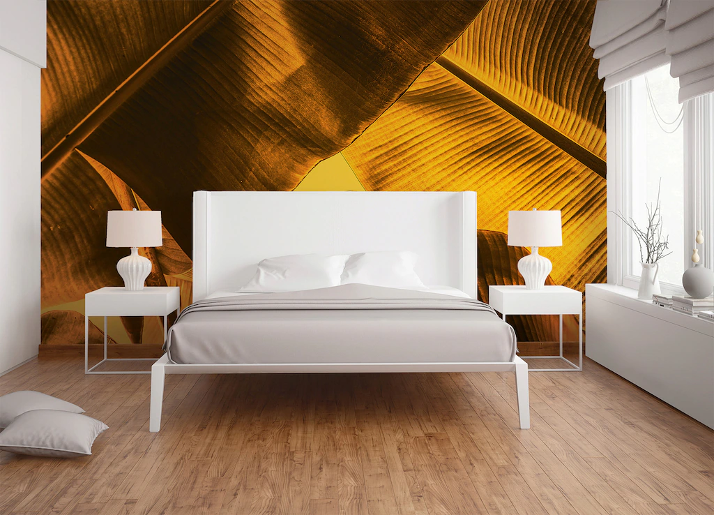 Fototapete Blätter Palmen Orange Gelb 3,50 m x 2,55 m FSC® günstig online kaufen