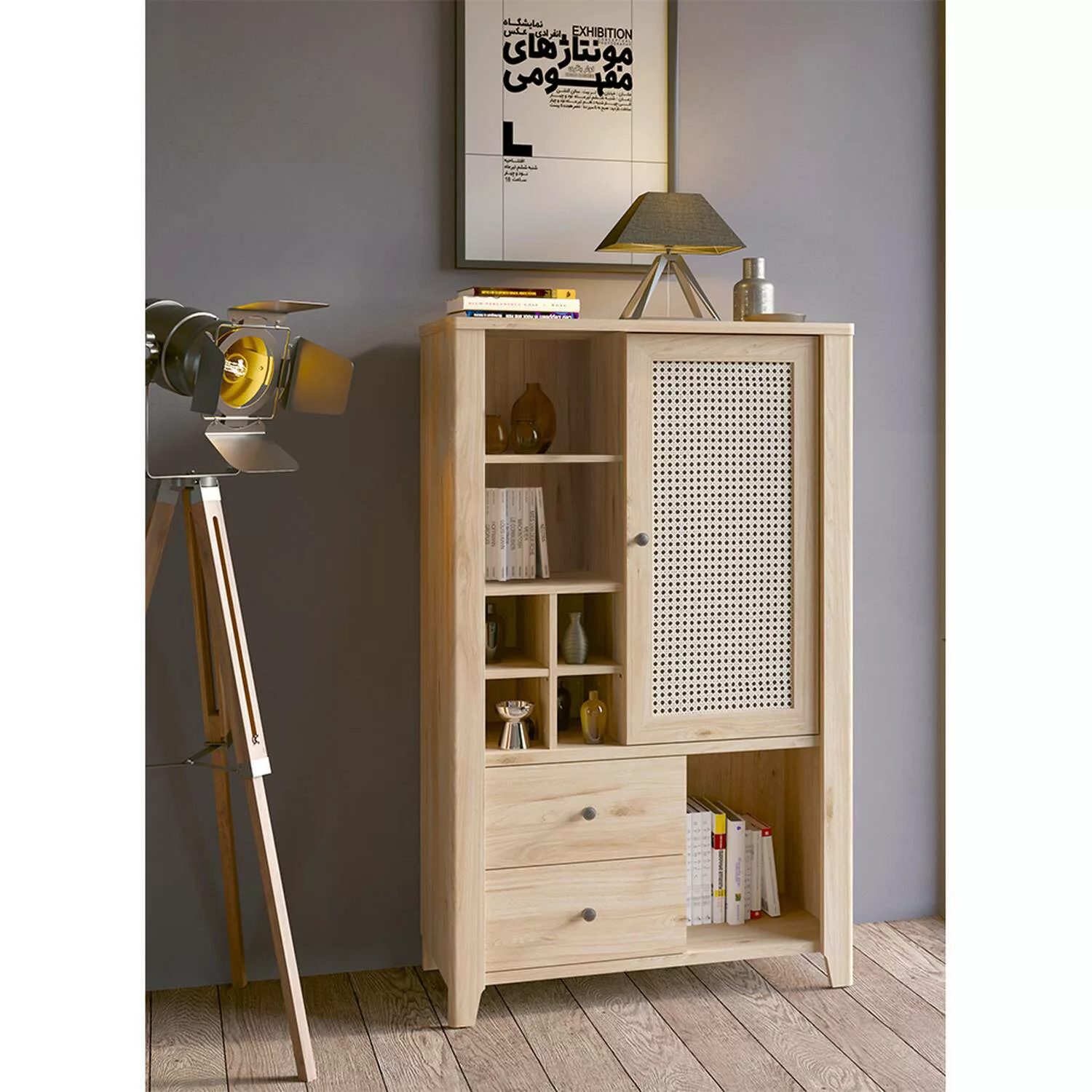 Wohnzimmer Highboard CREMONA-129 in Eiche Nb. mit Wiener Geflecht Nb., B/H/ günstig online kaufen