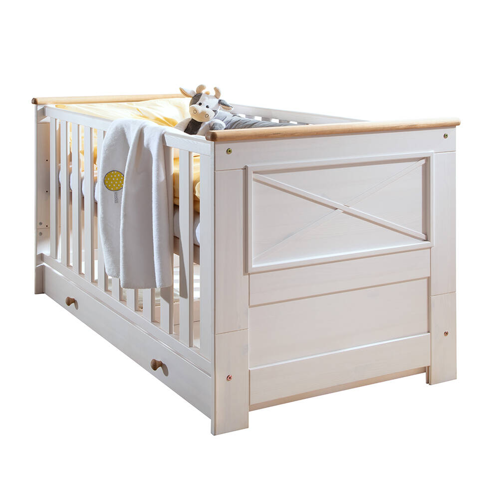 Babyzimmer Gitterbett mit Bettschubkasten Kiefer weiß mit Eiche KOLOMEA-69, günstig online kaufen