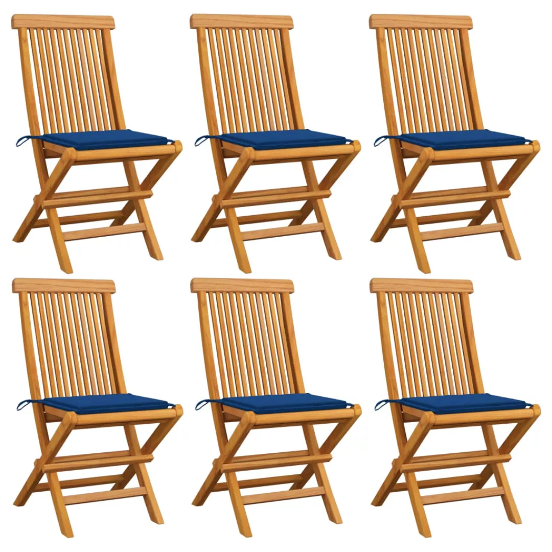 Gartenstühle Mit Blauen Kissen 6 Stk. Massivholz Teak günstig online kaufen