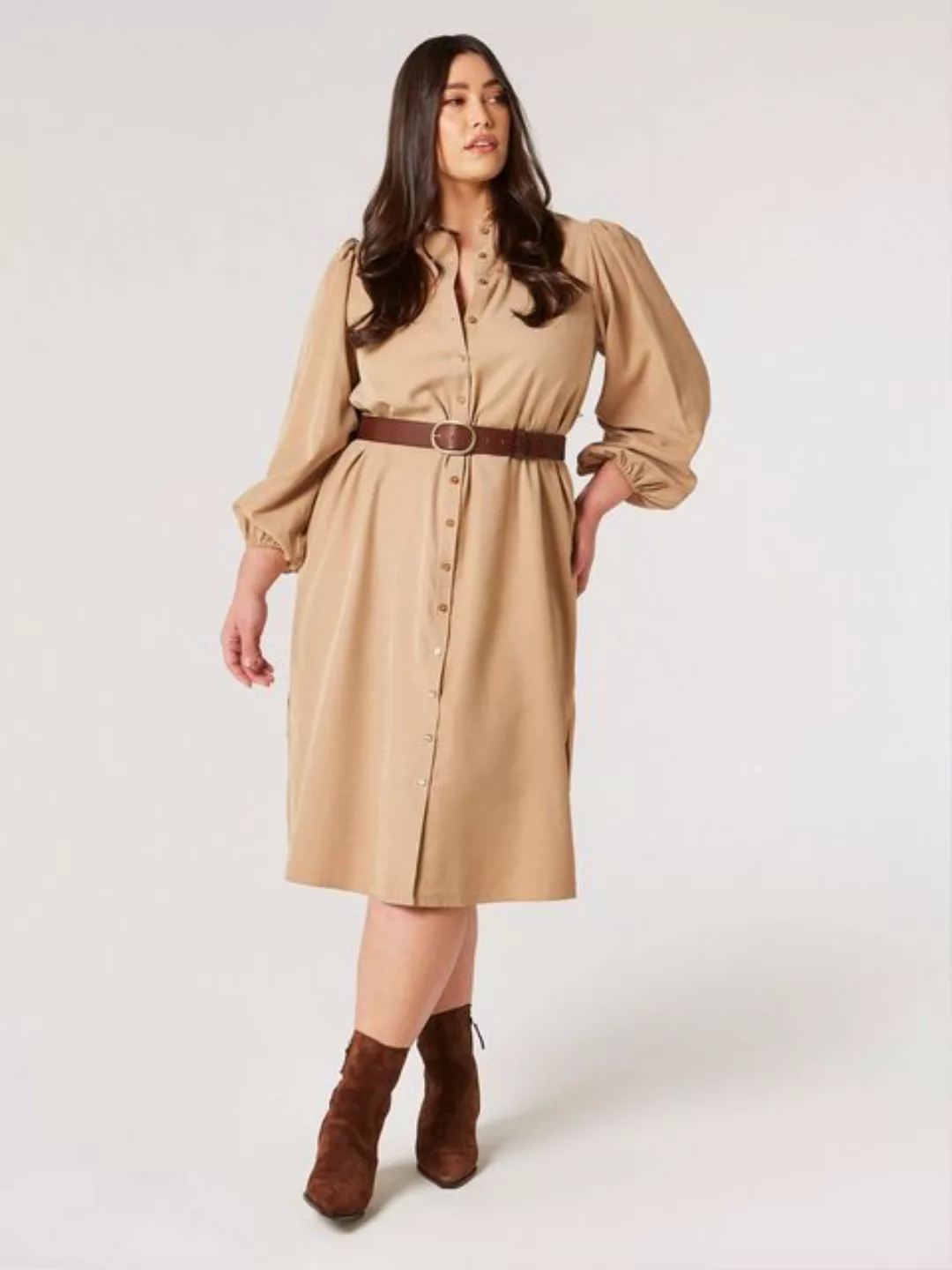 Apricot Midikleid Curve Shirt Midi Dress, (2-tlg., Stoffgürtel) mit Knopfle günstig online kaufen