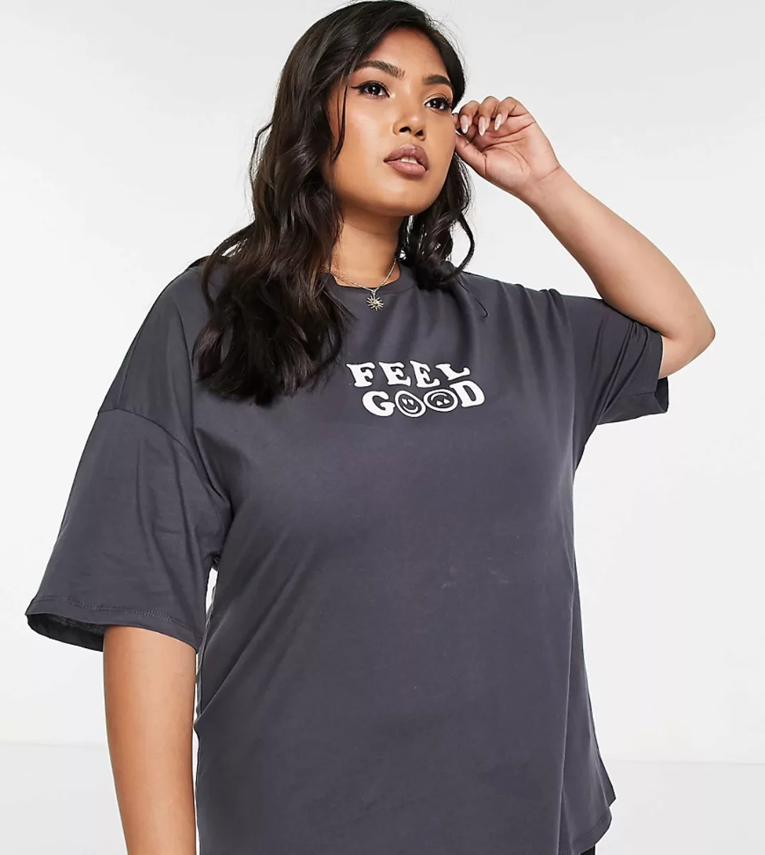 ASOS DESIGN Curve – T-Shirt in Anthrazit mit „Feel Good“-Print-Grau günstig online kaufen