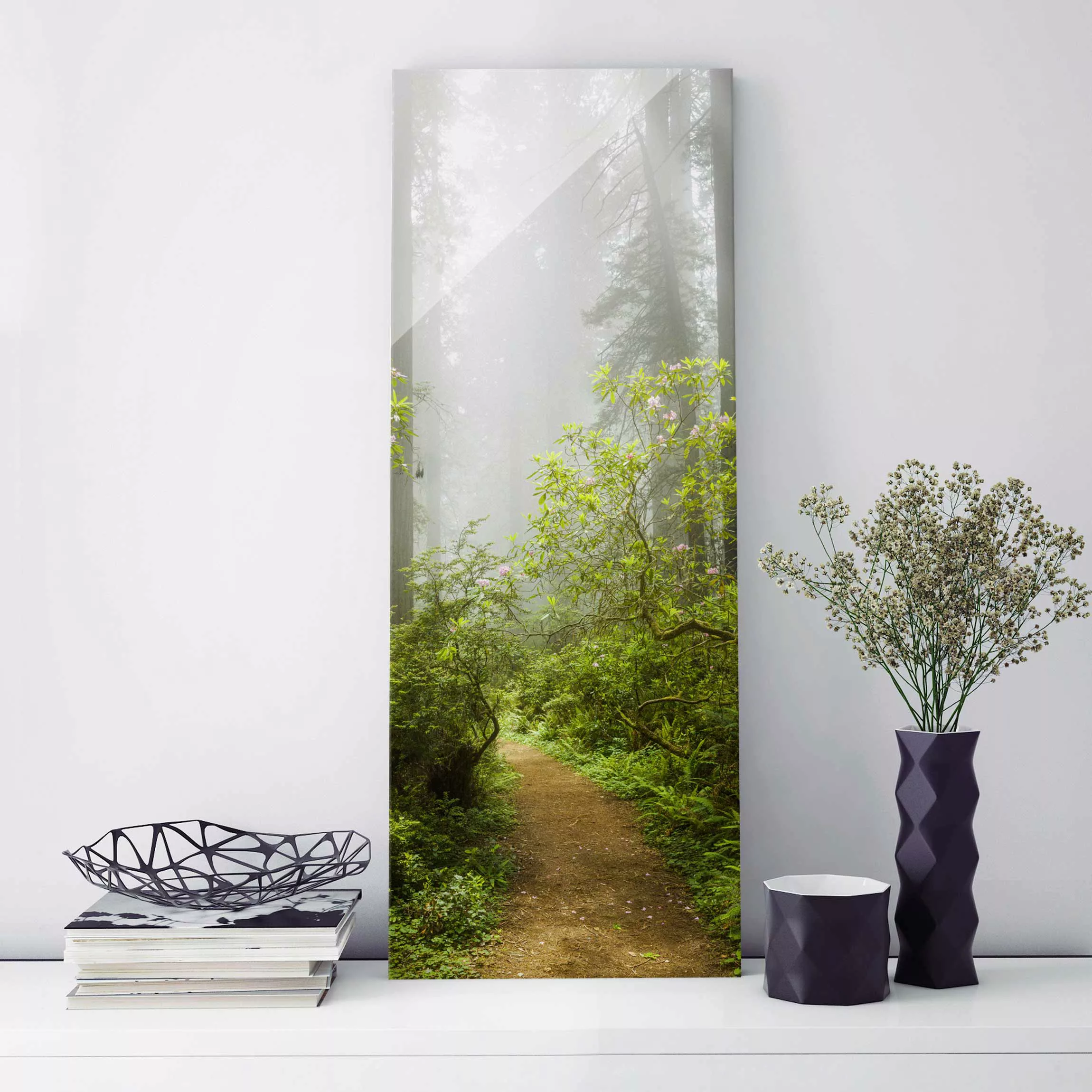 Glasbild Natur & Landschaft - Hochformat Nebliger Waldpfad günstig online kaufen