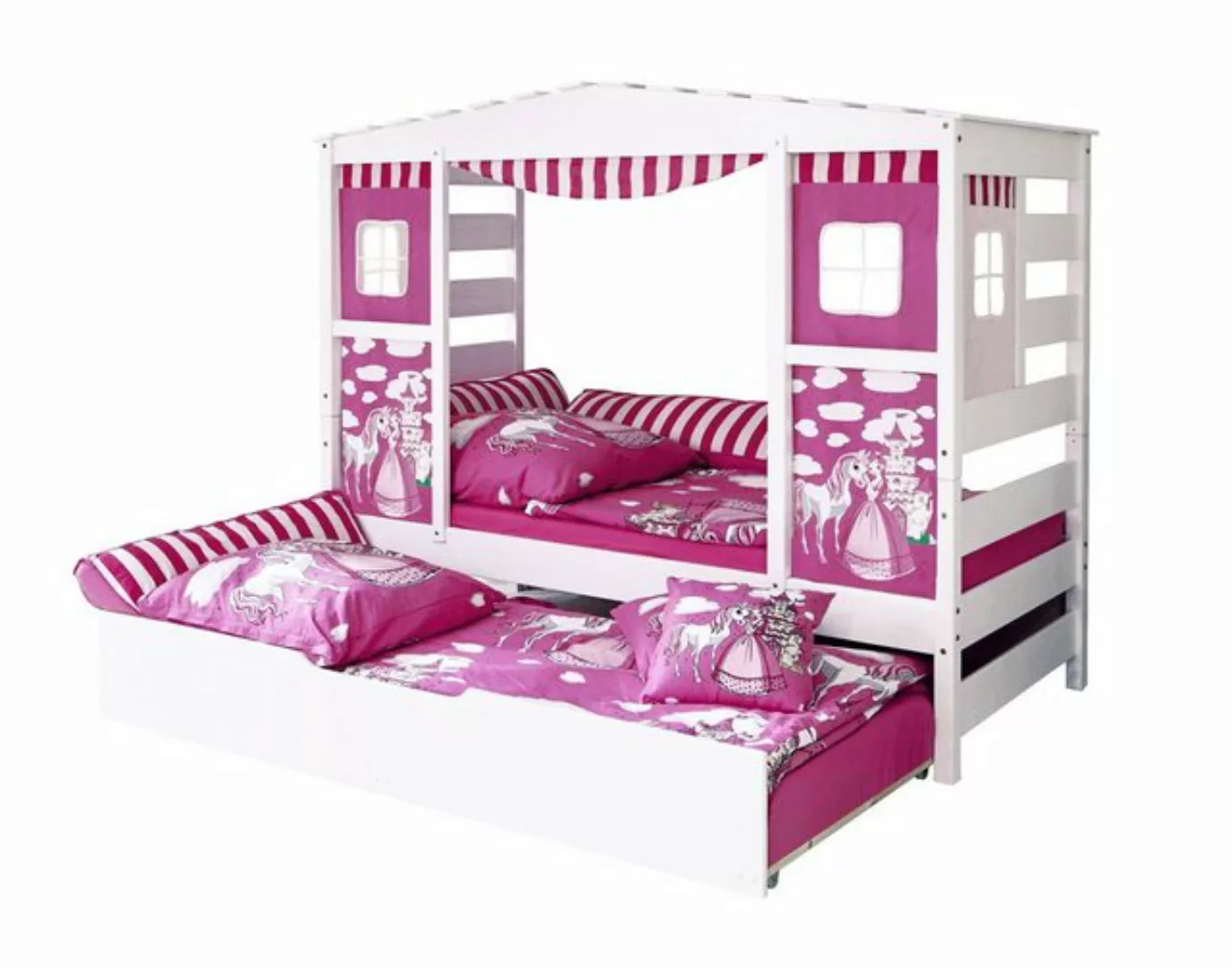 Ticaa Hausbett Hausbett mit Bettkasten "Horse Rosa" Kiefer Weiß, stellbar z günstig online kaufen