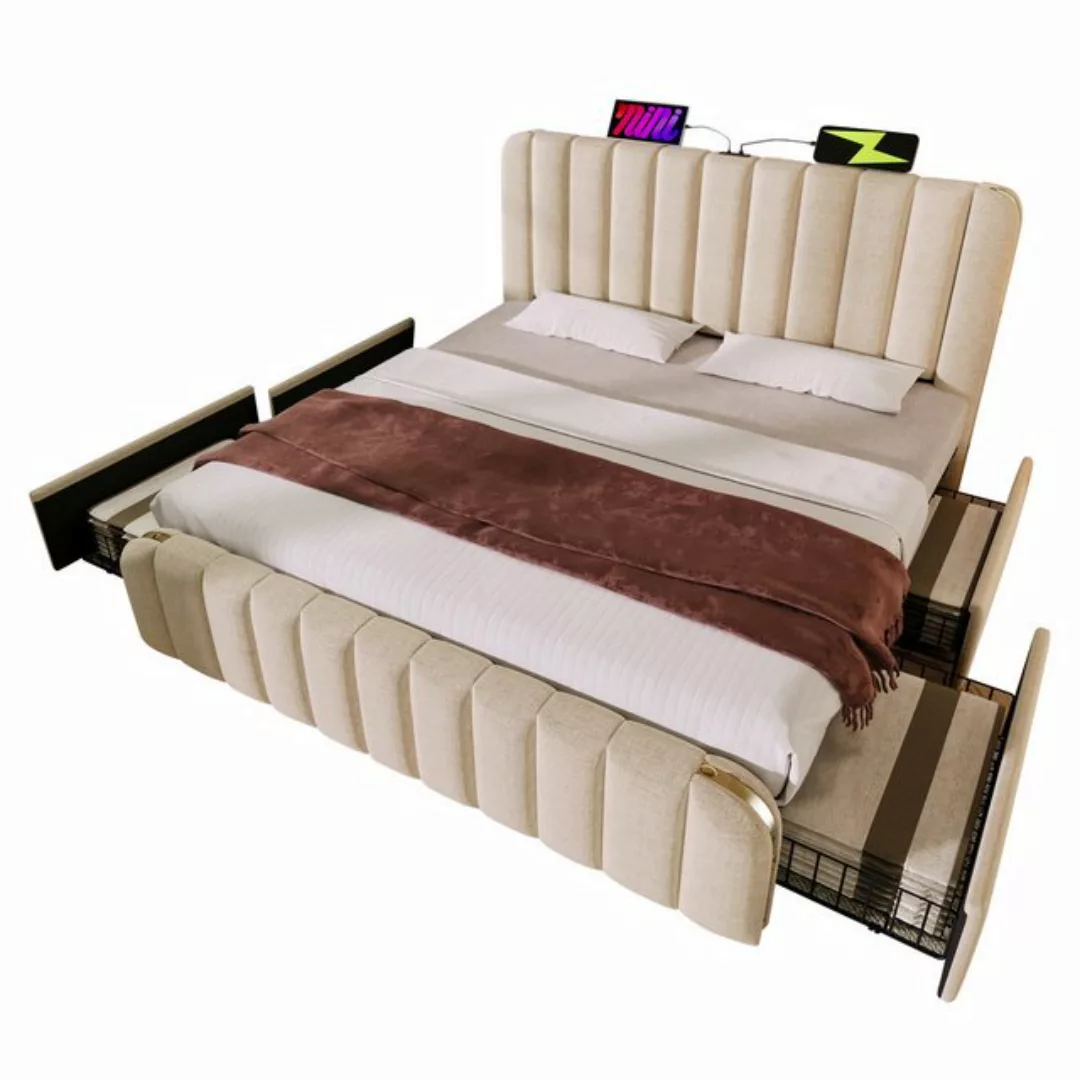 Flieks Polsterbett, Doppelbett 180x200cm mit USB/Typ-C Ladefunktion und 4 S günstig online kaufen