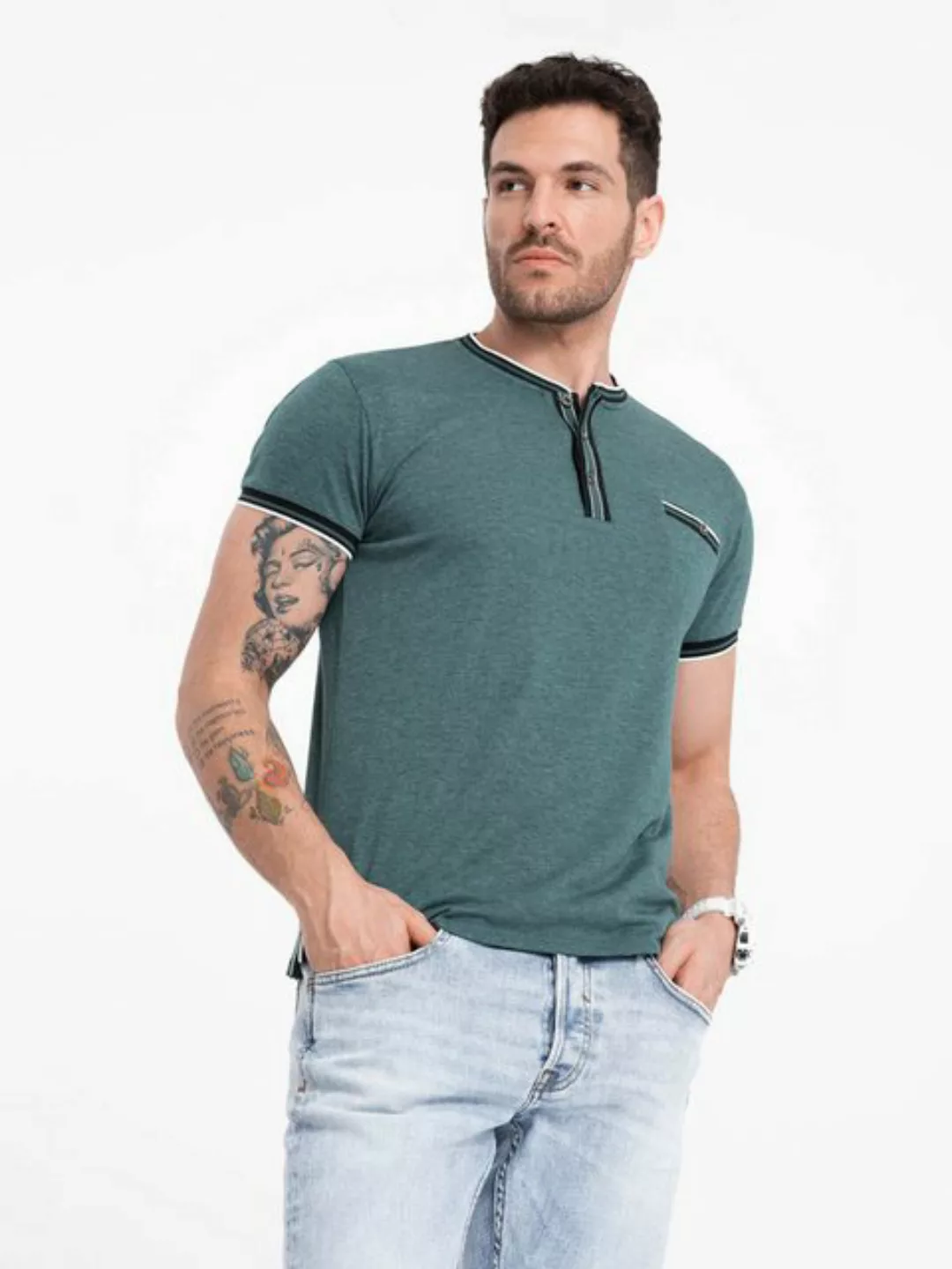 OMBRE T-Shirt Henley-T-Shirt für Männer mit dekorativen Rippenbändern günstig online kaufen