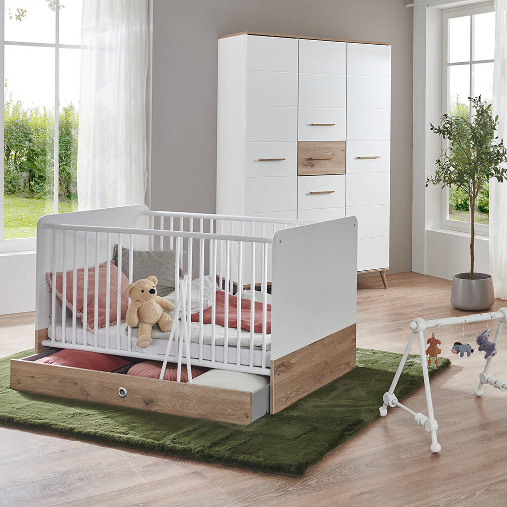 Babyzimmer Set Gitterbett und Kleiderschrank weiß mit Eiche FELIN-43, 2-tei günstig online kaufen