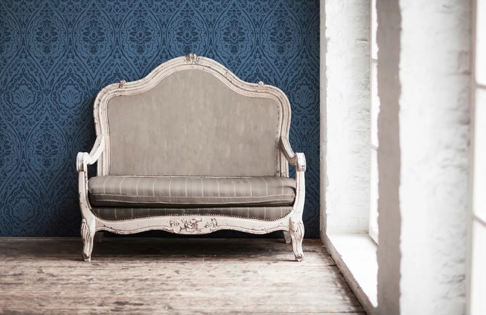 Bricoflor Ornament Tapete Blau Elegante Vlies Textiltapete mit Barock Muste günstig online kaufen