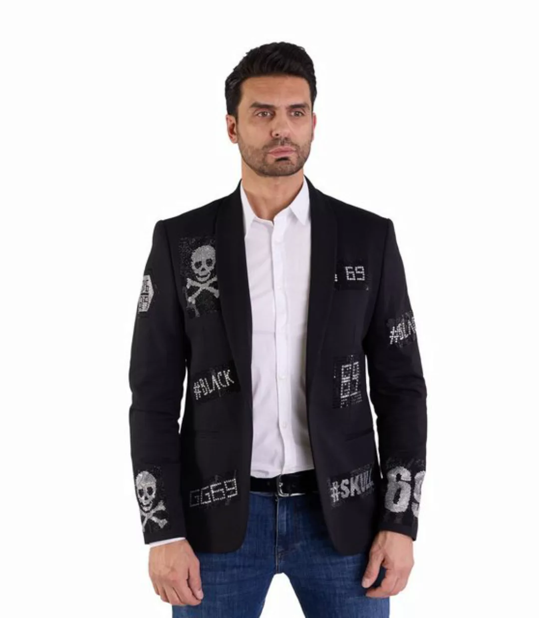 Denim Distriqt Jerseysakko Herren Sakko mit Strass veredelt Totenkopf Sakko günstig online kaufen