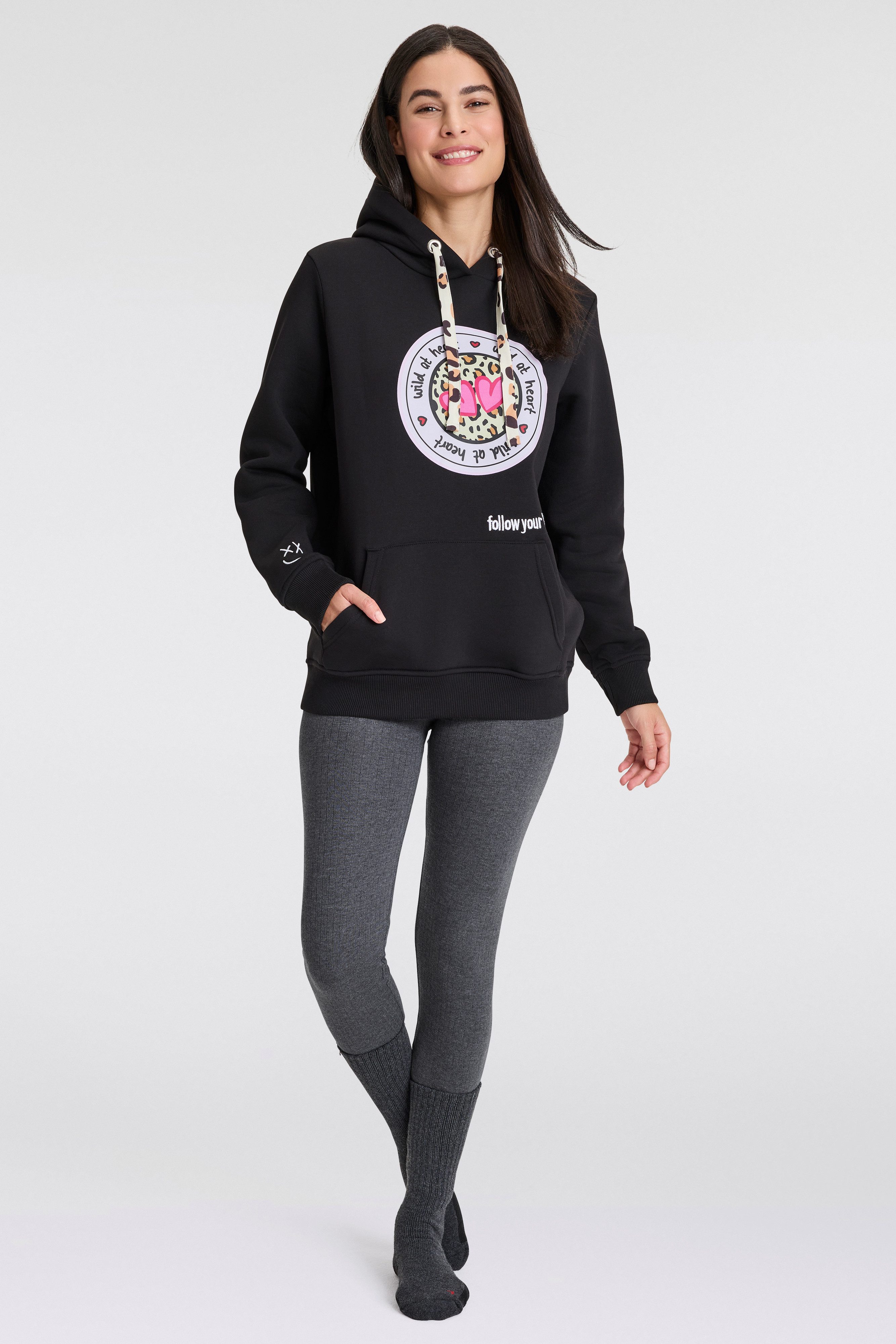 Zwillingsherz Hoodie, Kapuze, Langarm, Kängurutasche, Leo-Details, modisch günstig online kaufen