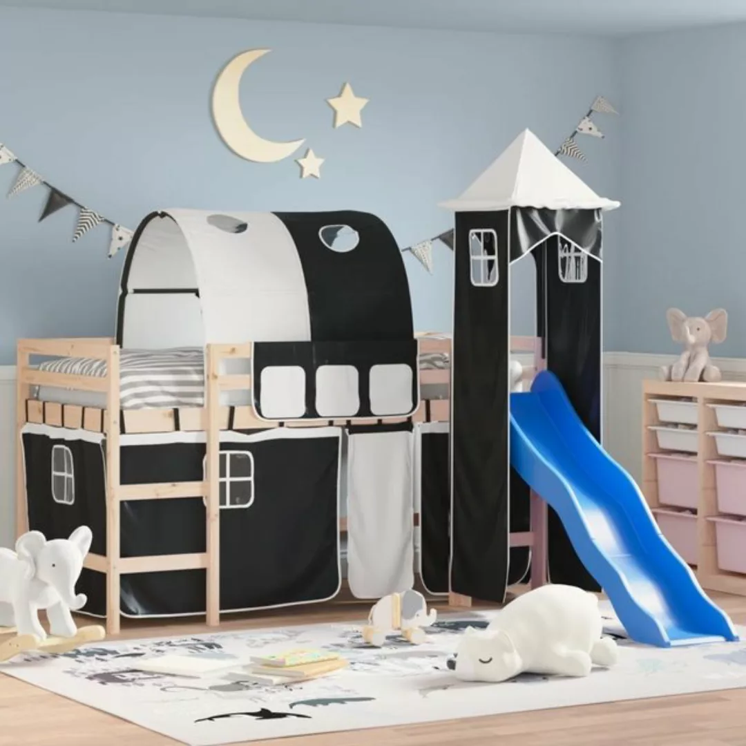 vidaXL Kinderbett Kinderhochbett mit Turm Weiß Schwarz 90x200 cm Kiefernhol günstig online kaufen