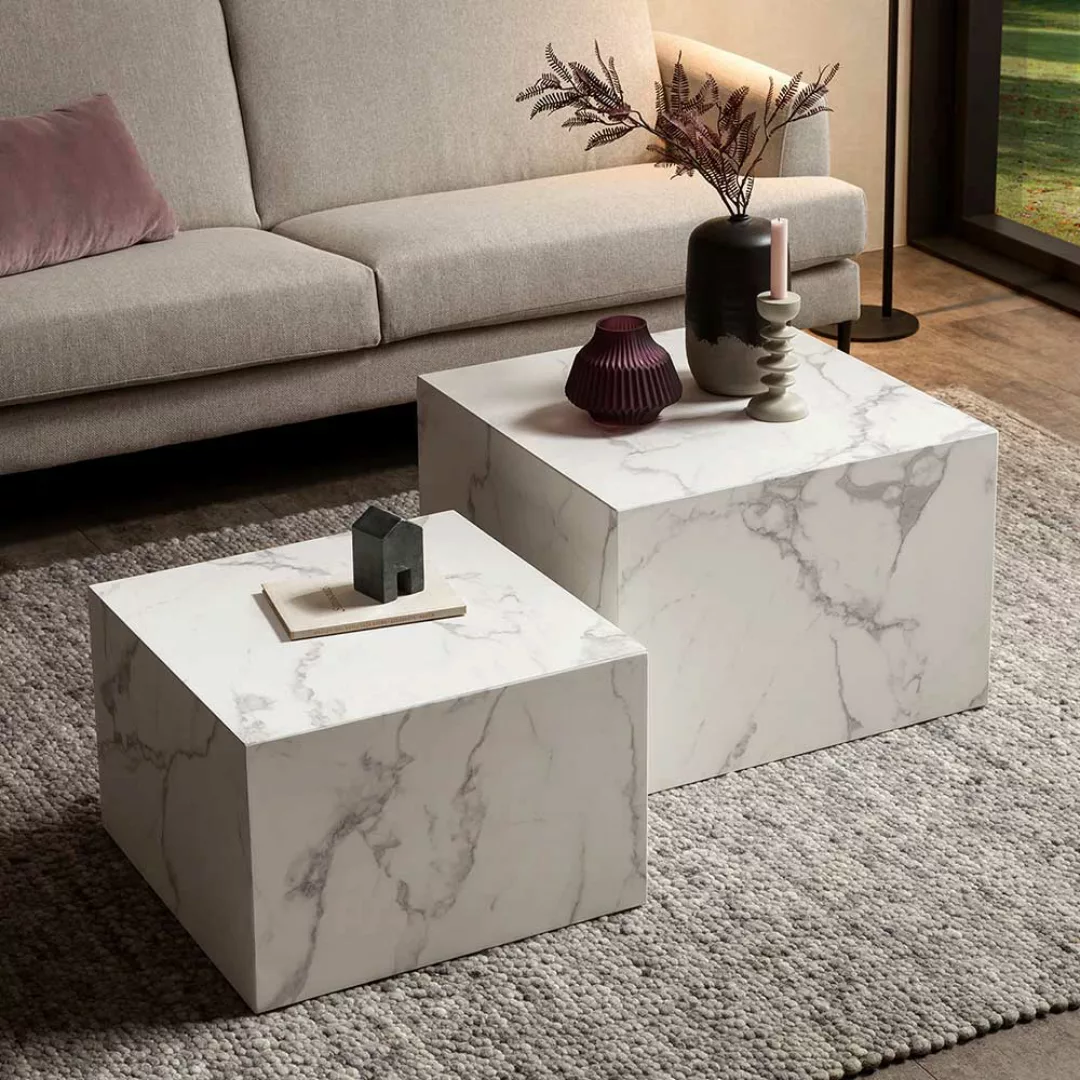 Beistelltische Sofa in weißer Marmor Optik quadratischer Tischplatte (zweit günstig online kaufen