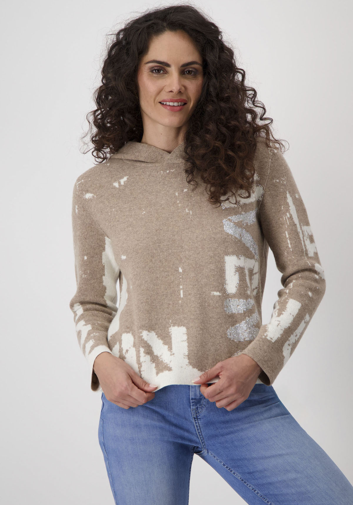 Monari Strickpullover "Pullover Jacquard Schrift", mit Kapuze günstig online kaufen