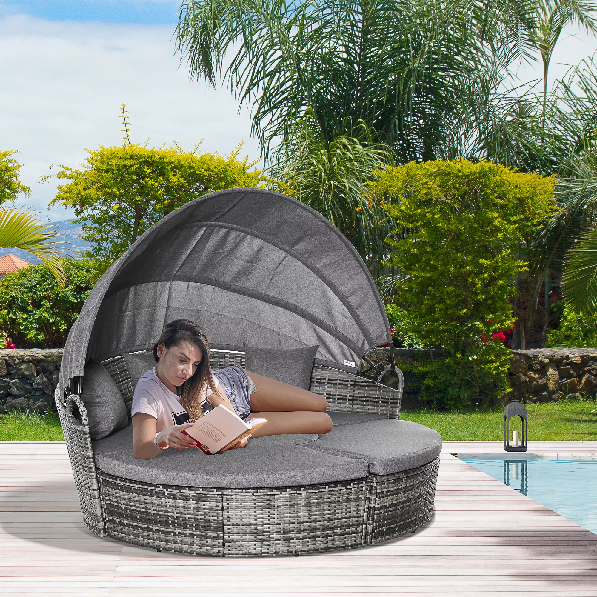 Outsunny Sonneninsel Rattan Loungegruppe mit Sonnendach Sitzgruppe mit Kiss günstig online kaufen