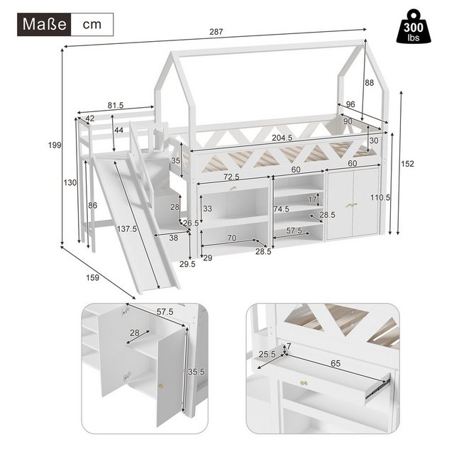 Flieks Hochbett Kinderbett Etagenbett mit Schränke, Rutsche und Treppe 90x2 günstig online kaufen