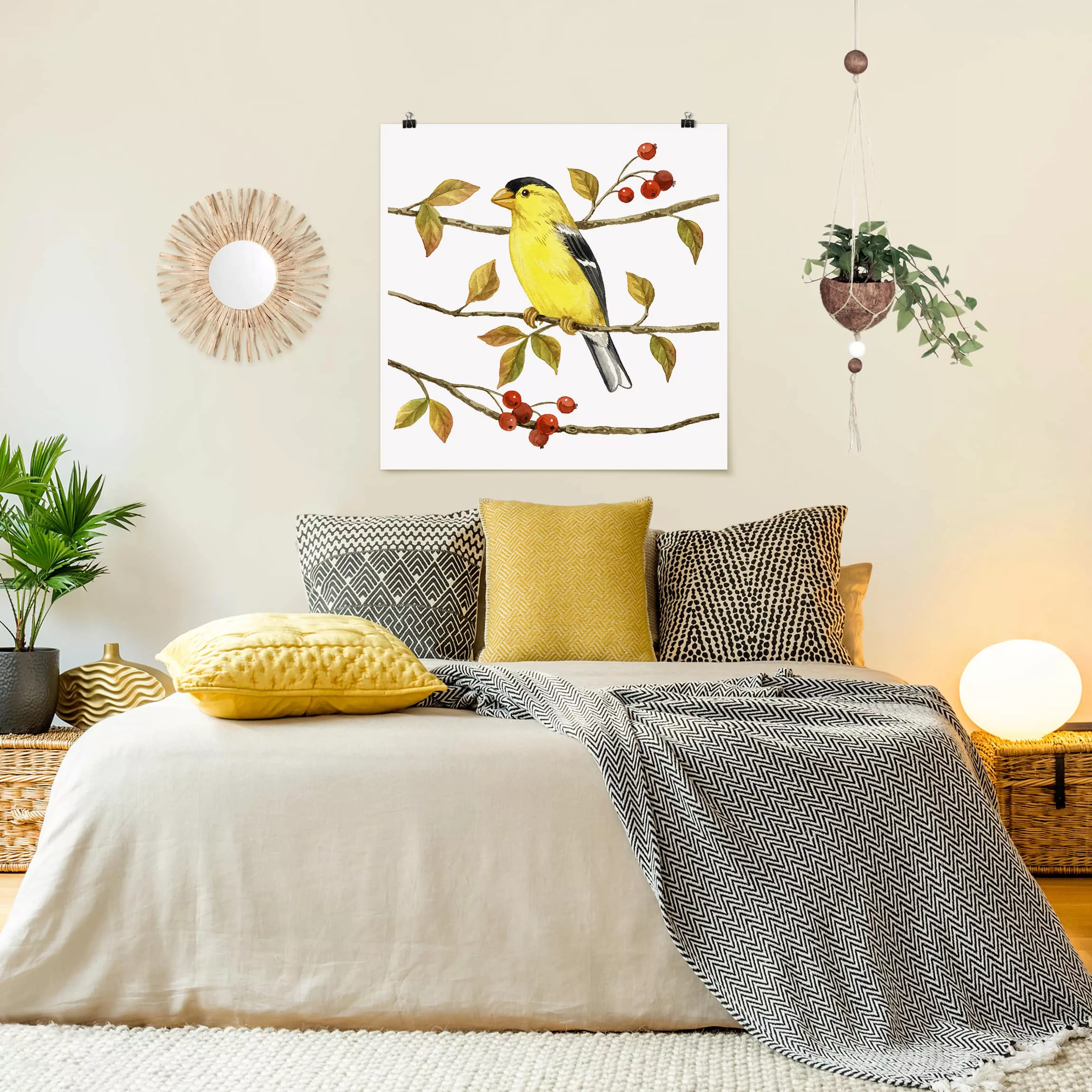 Poster Tiere - Quadrat Vögel und Beeren - Goldzeisig günstig online kaufen