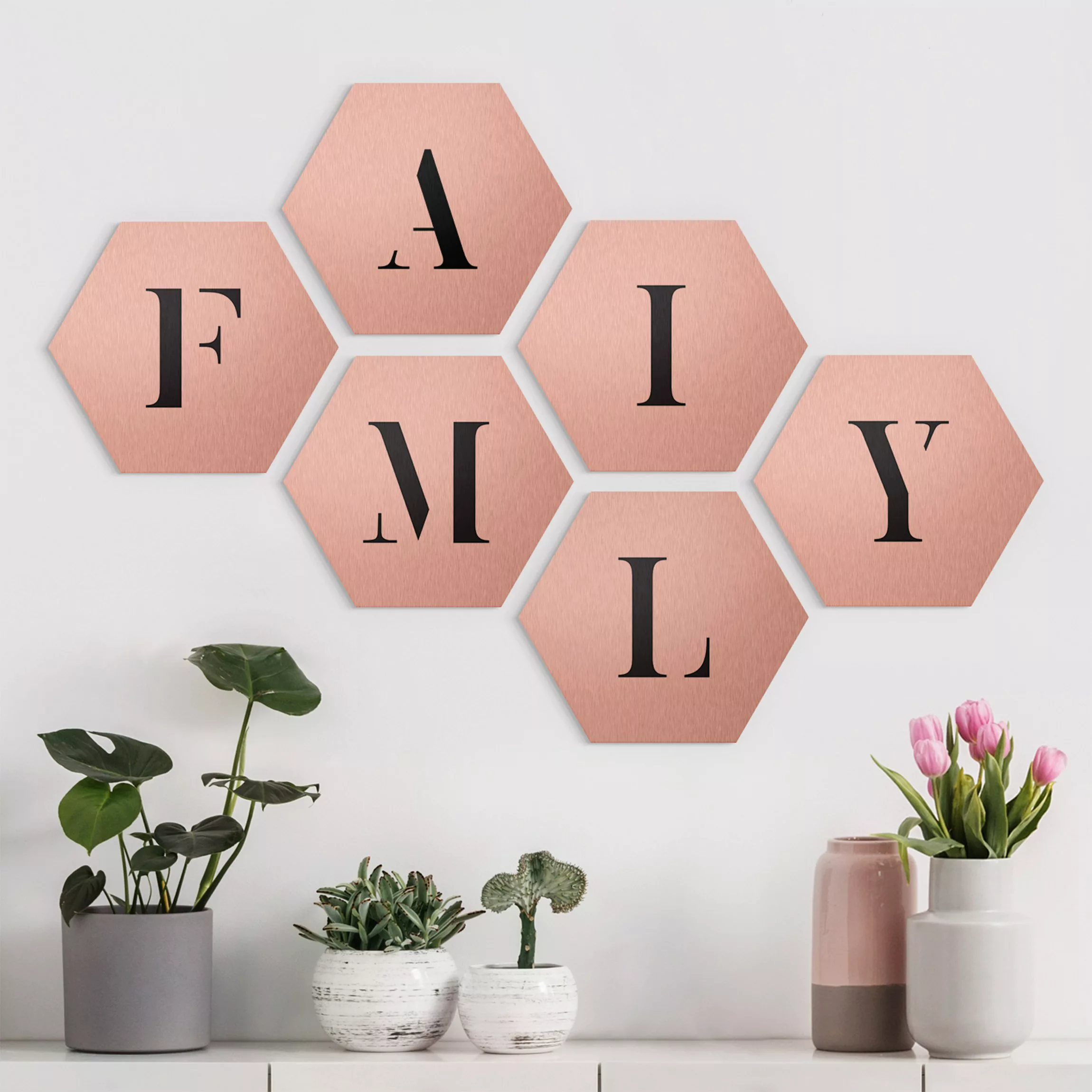 6-teiliges Hexagon-Alu-Dibond Bild Buchstaben FAMILY Schwarz Set II günstig online kaufen