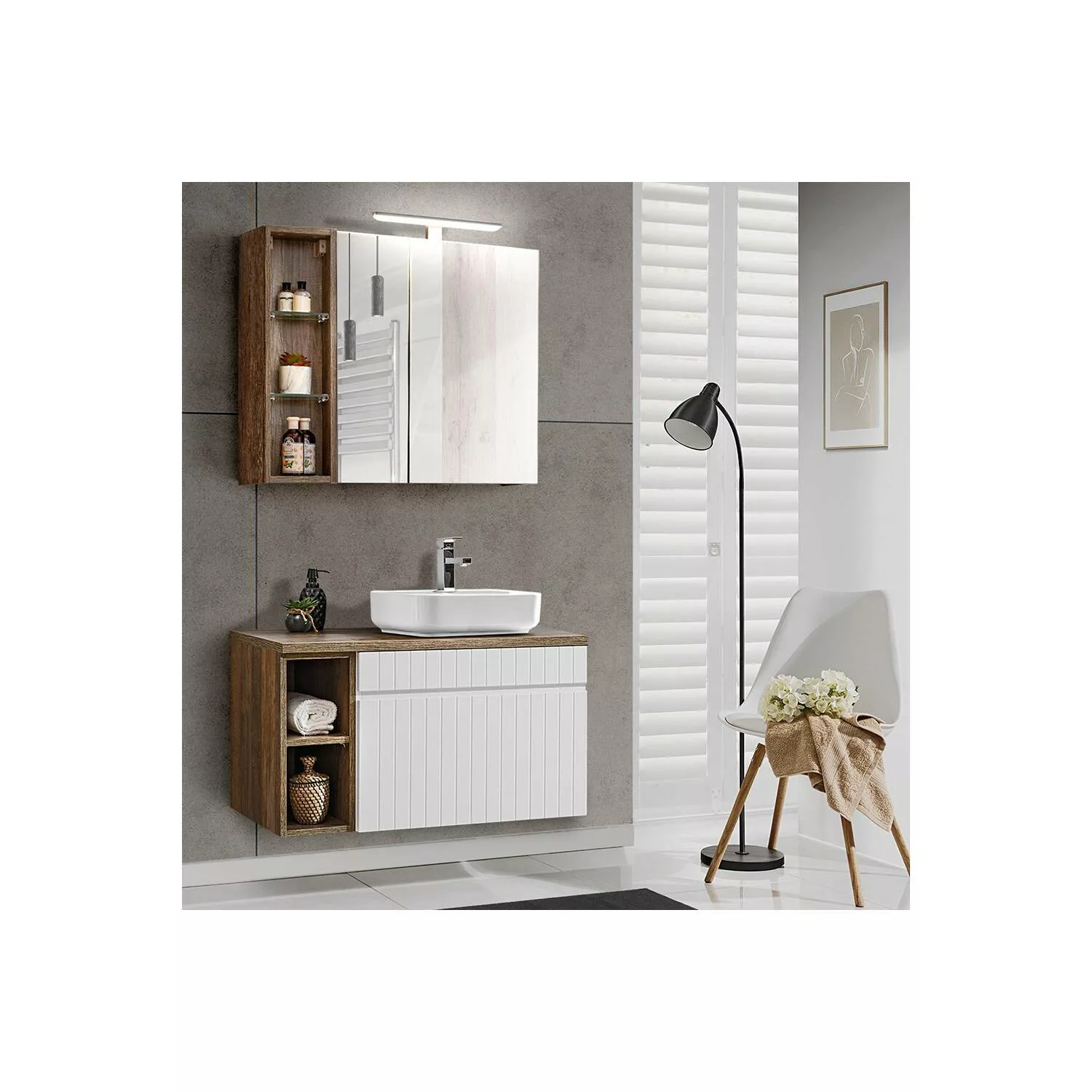 Badezimmermöbel Waschplatz Set in weiß matt mit Vintage Eiche Nb. IRAKLIO-5 günstig online kaufen